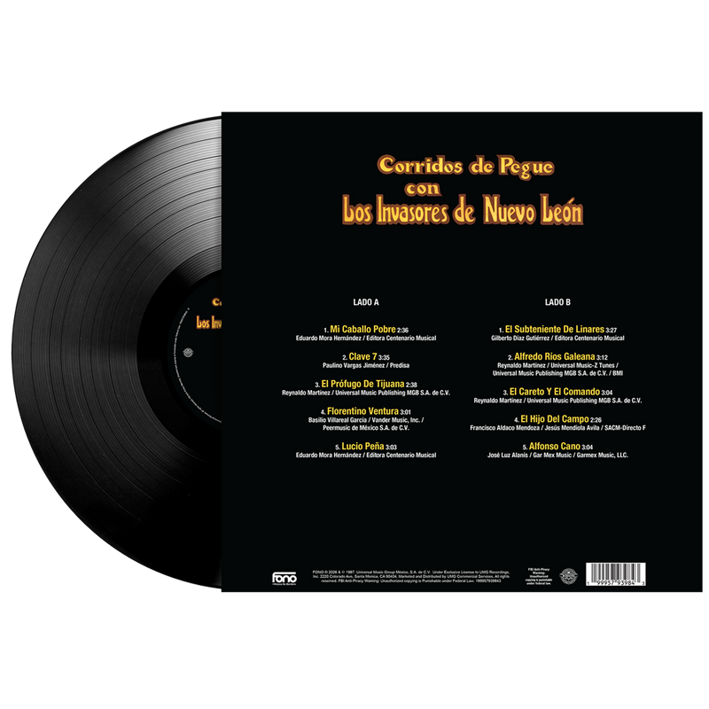 LOS INVASORES DE NUEVO LEÓN - Corridos De Pegue 1LP Vinyl